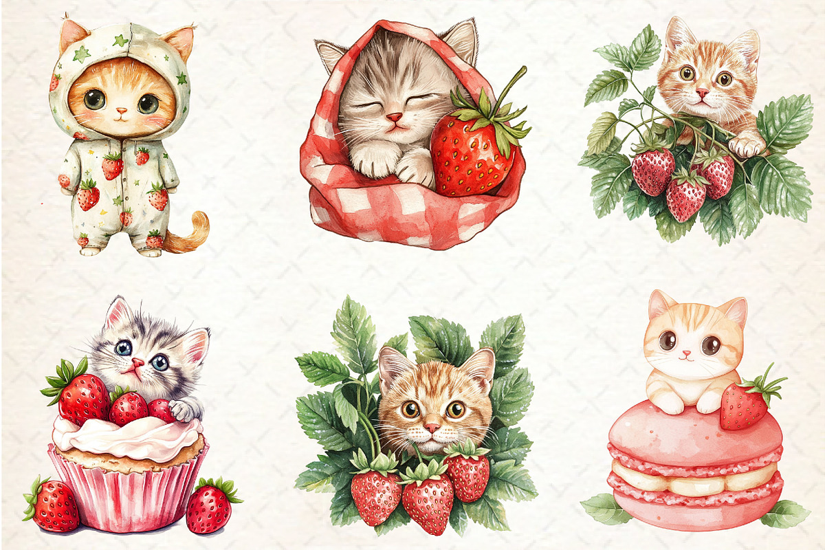 Strawberry Cat Clipart Sublimation, a Seasonal Illustration by Rose Art (Photo 4 of 4)