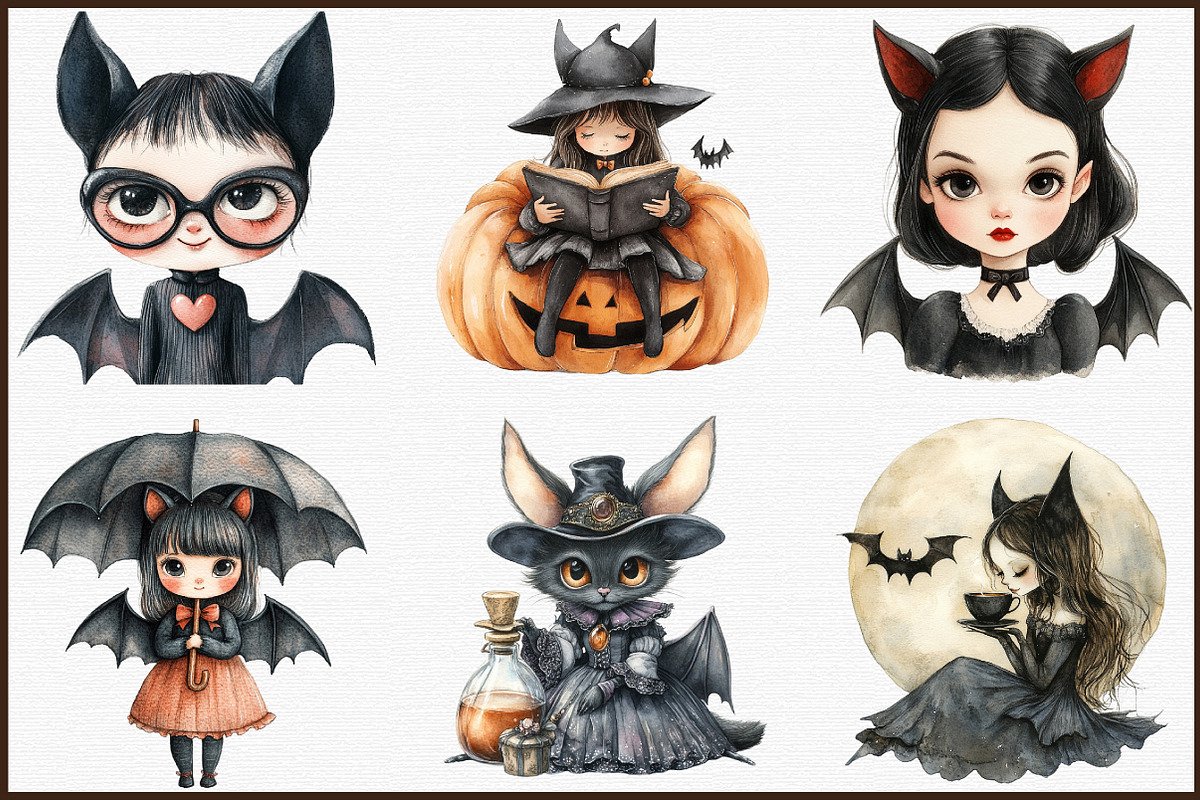 Vintage Bat Lady Halloween Clipart S, an Illustration by Sublimation Artist (Photo 3 of 6)