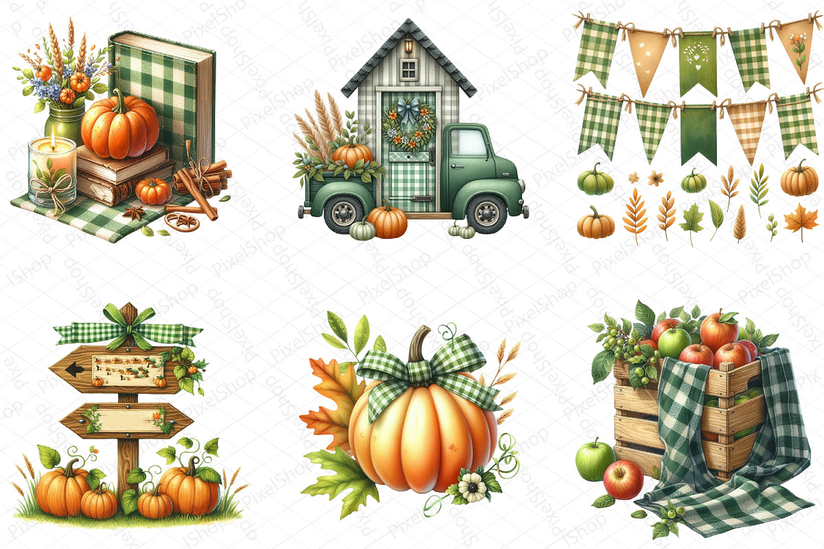 Green Gingham Autumn Clipart, an Illustration by DreamPrint404 (Photo 2 of 6)