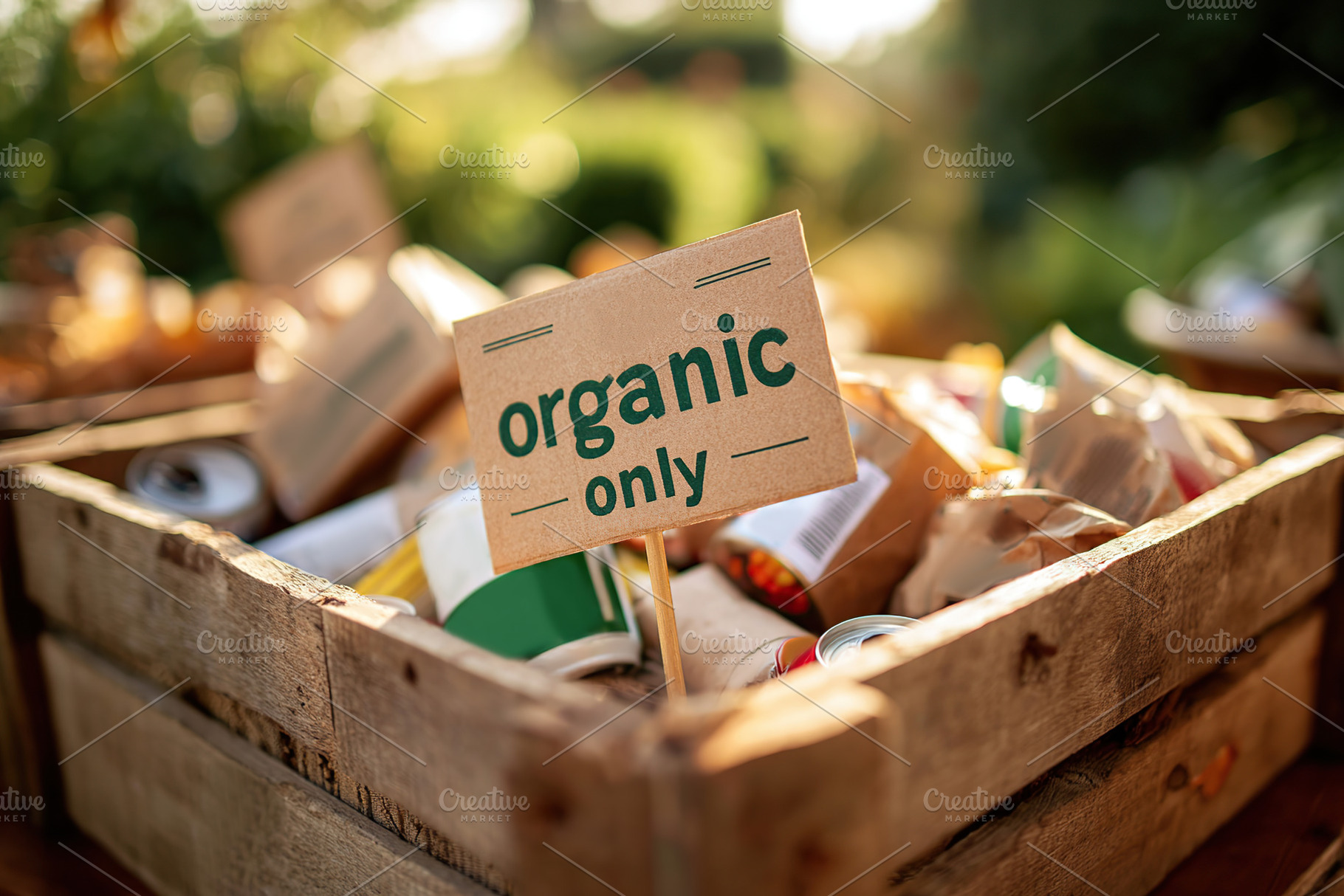 Organic produce displayed in wooden crate during sunny outdoor market setting, a Photo by AlyaAnd