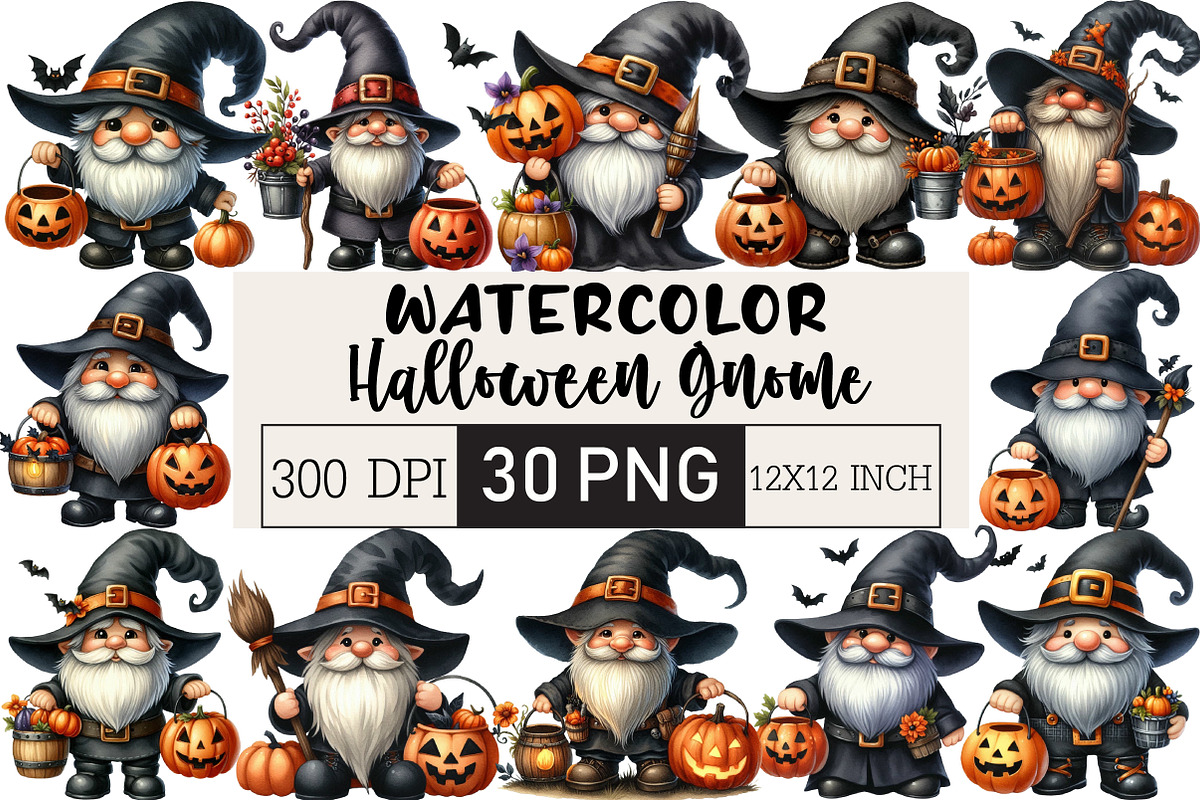 Halloween Gnome Clipart PNG, an Illustration by Black Bird Studio (Photo 1 of 6)