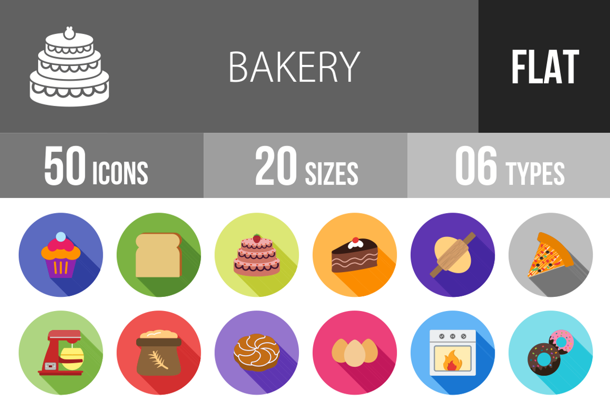 50 Bakery Flat Shadowed Icons