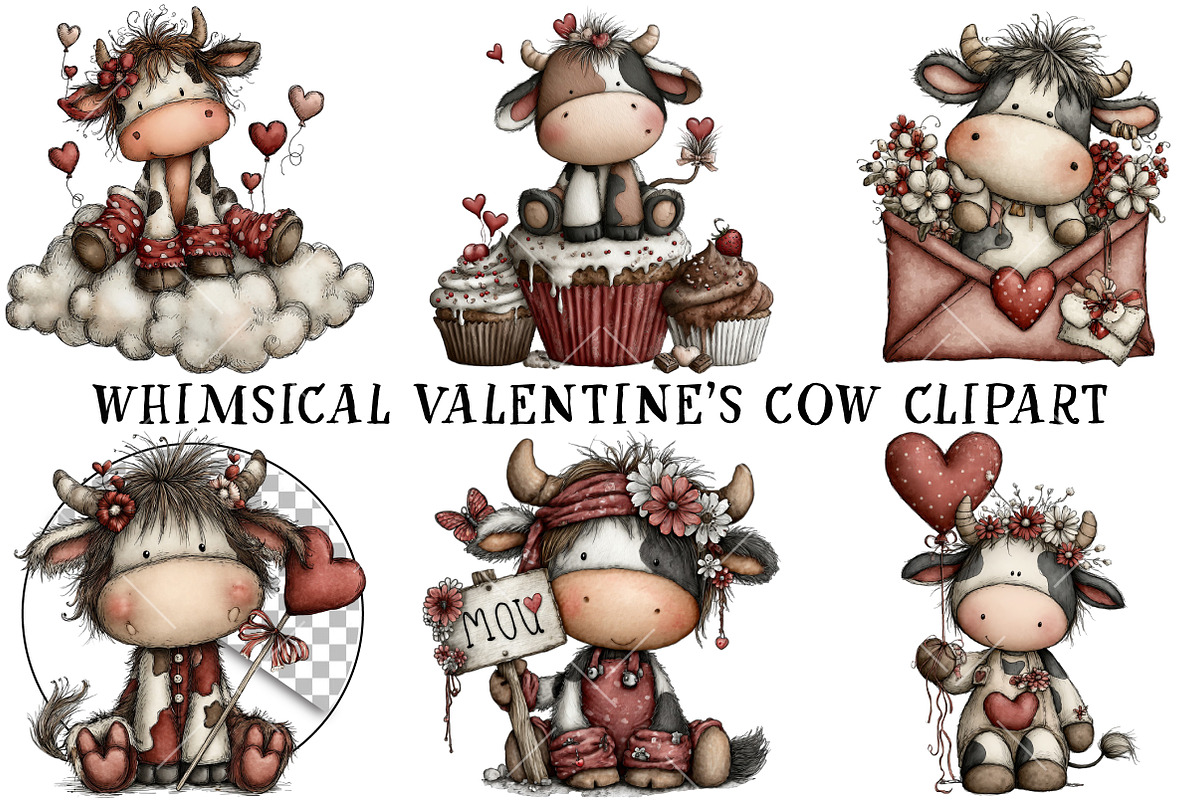 Whimsical Valentine's Cow Clipart, an Illustration by OK Design (Photo 2 of 6)