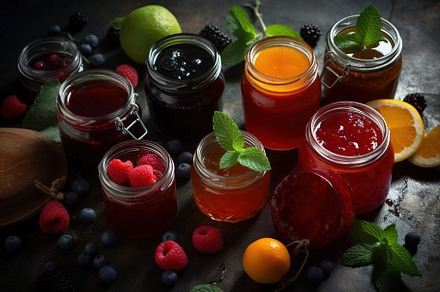assortment of jam, a Food & Drink Photo by Virgo Studio