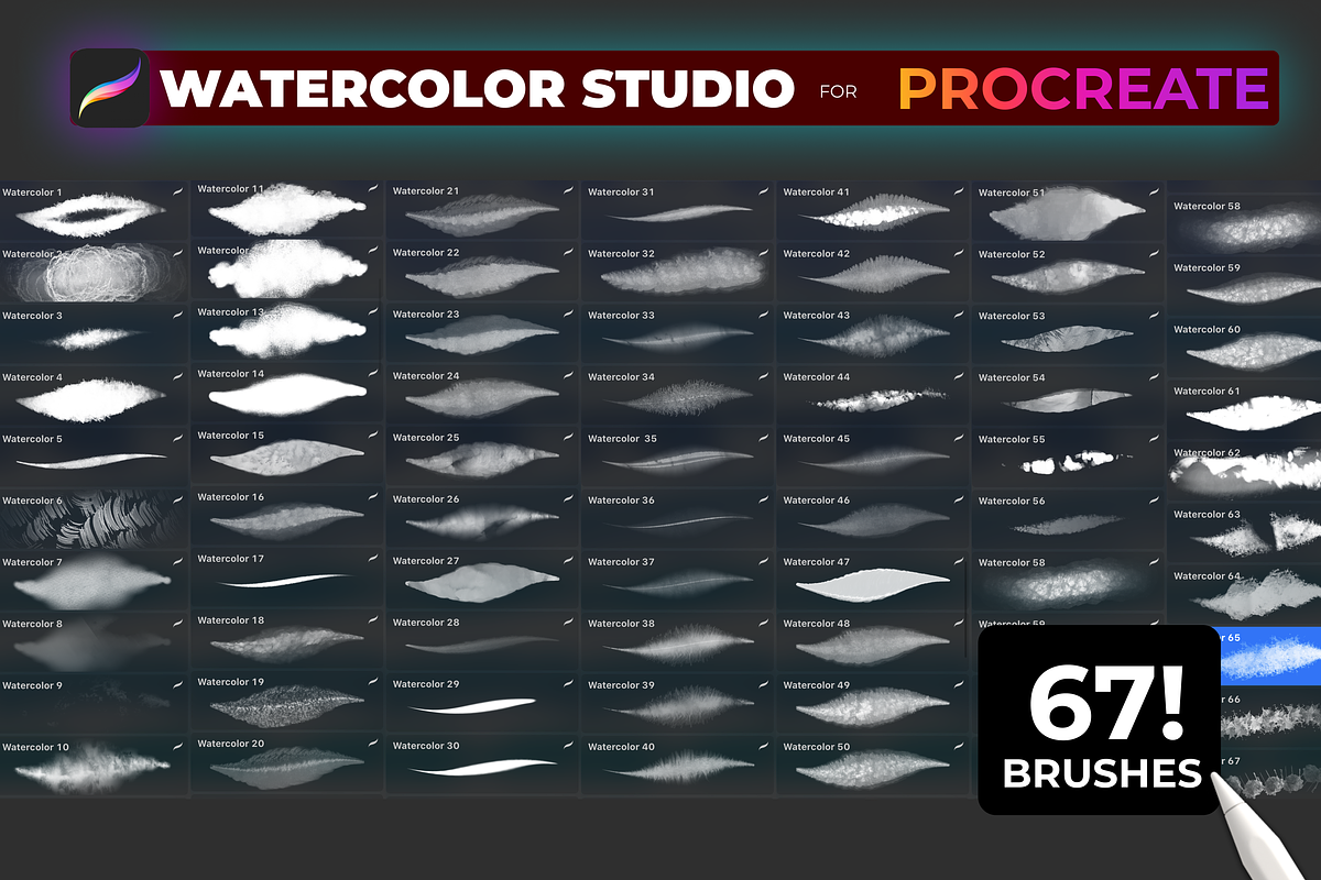 67! WATERCOLOR Procreate brushes, a Brush Add-On by Graphics Resources (Photo 7 of 11)