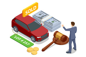 Isometric car auction scene with red, a Finance Illustration by Golden Sikorka