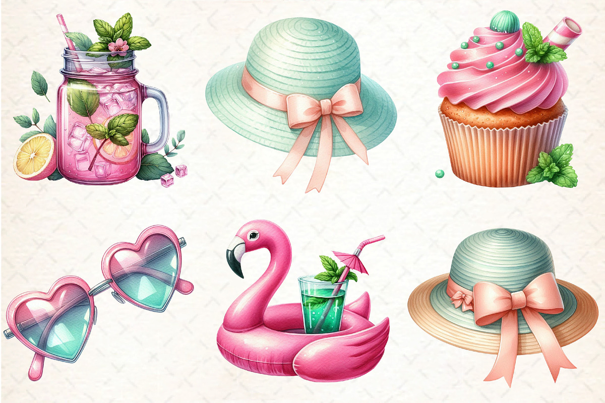Pink & Mint Summer Clipart, an Illustration by DreamCafeArt (Photo 3 of 8)
