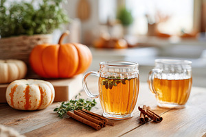 Cozy kitchen with pumpkins and warm drinks inviting autumn vibes, a Food & Drink Photo by AlyaAnd
