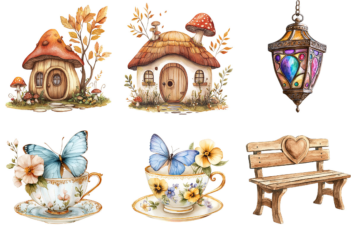 Watercolor Fairy Garden Clipart, a Seasonal Illustration by CitraGraphics (Photo 3 of 7)