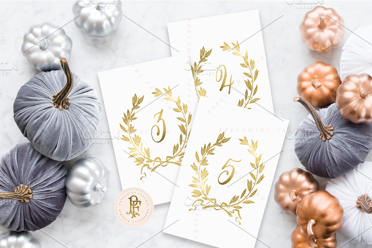 gold laurel wreath table numbers, an Object Graphic by Freshmint Paperie (Photo 1 of 2)