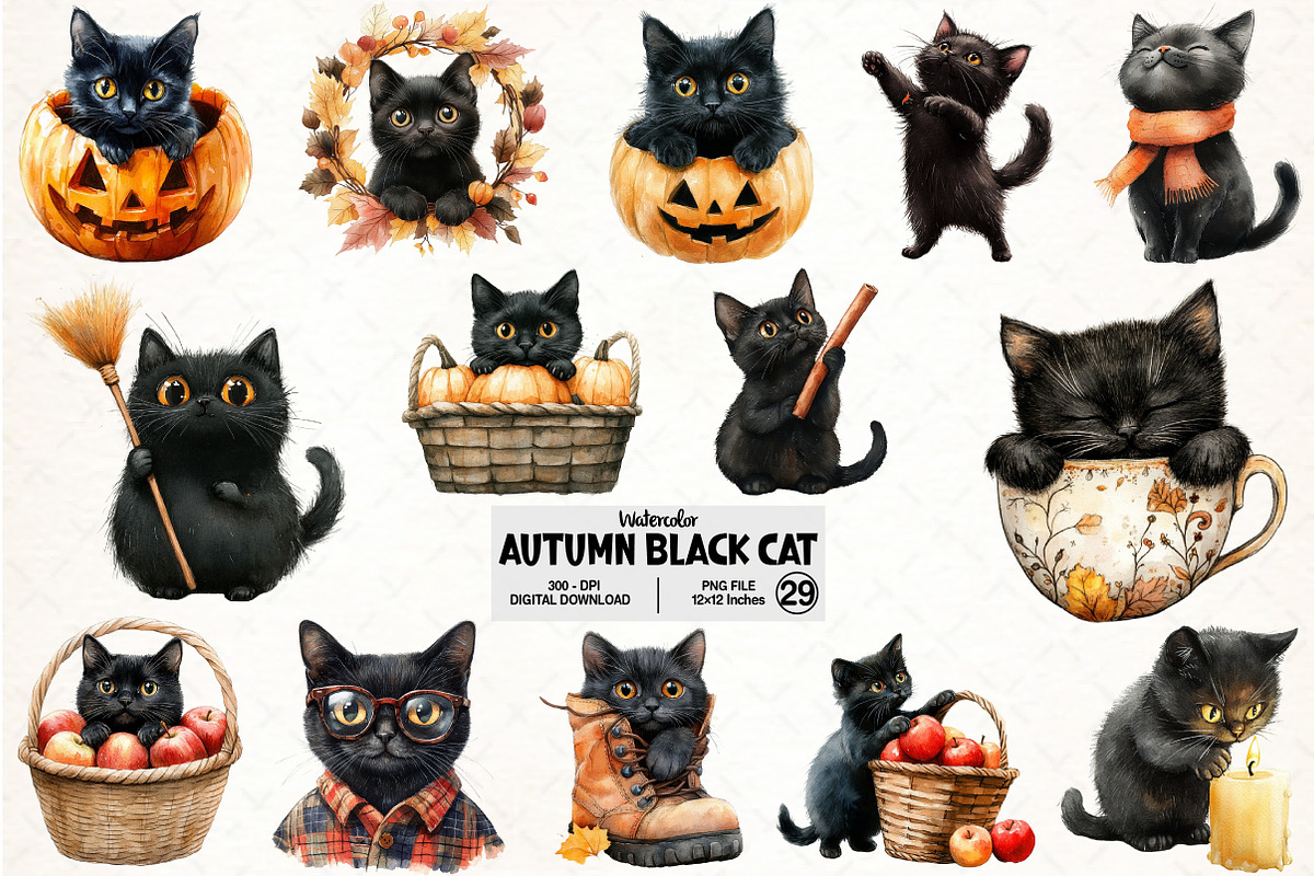 Funny Autumn Black Cat Clipart, an Illustration by Pixels.Craft (Photo 1 of 7)