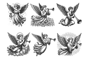 trumpet-playing angel engraving, an Illustration by AlexArt