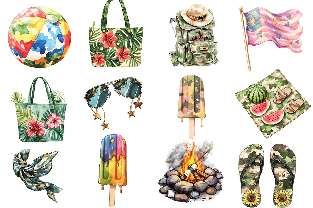 Camouflage Summer Clipart Bundle, an Illustration by Watercolor design (Photo 2 of 5)