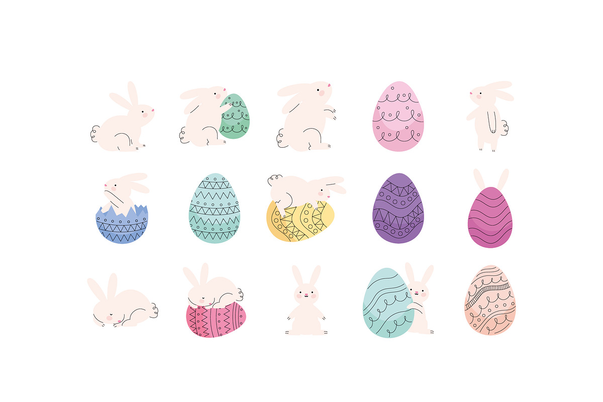 Cute Easter Bunnies And Eggs Set