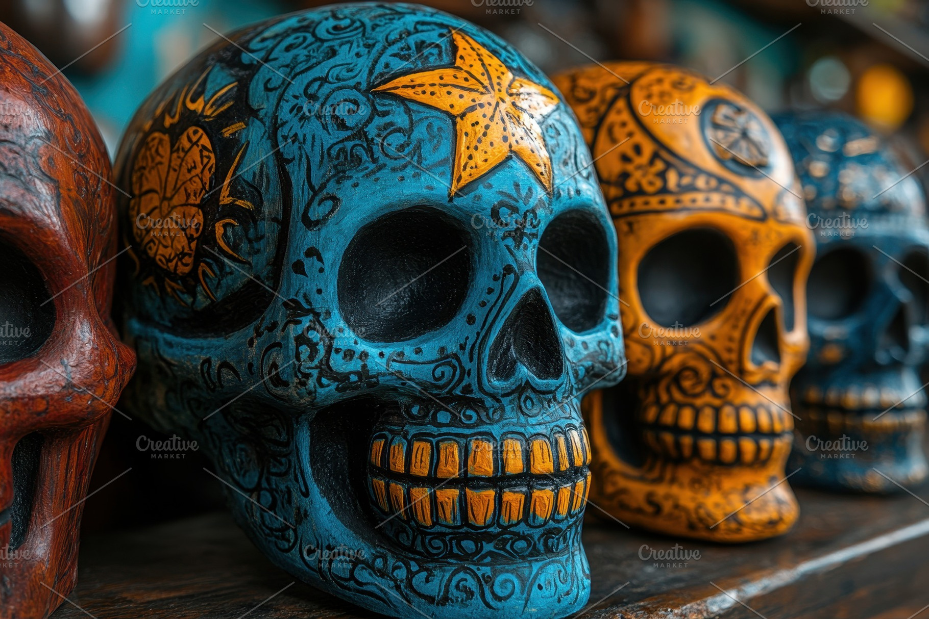 Decorative sugar skulls displayed in, a Photo by Tanuart