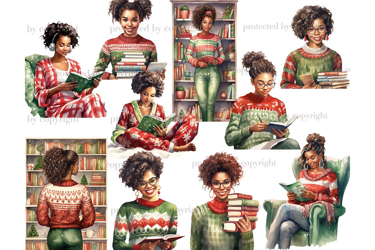 Holiday Reading Black Girls Clipart, a Person Illustration by GlamArtZhanna (Photo 2 of 5)