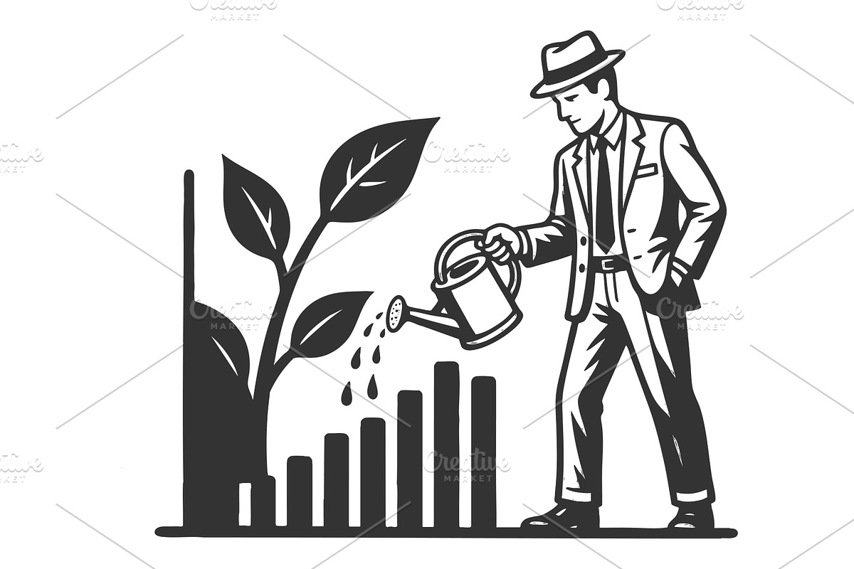 Business Growth with Man Watering, a Person Illustration by AlexArt