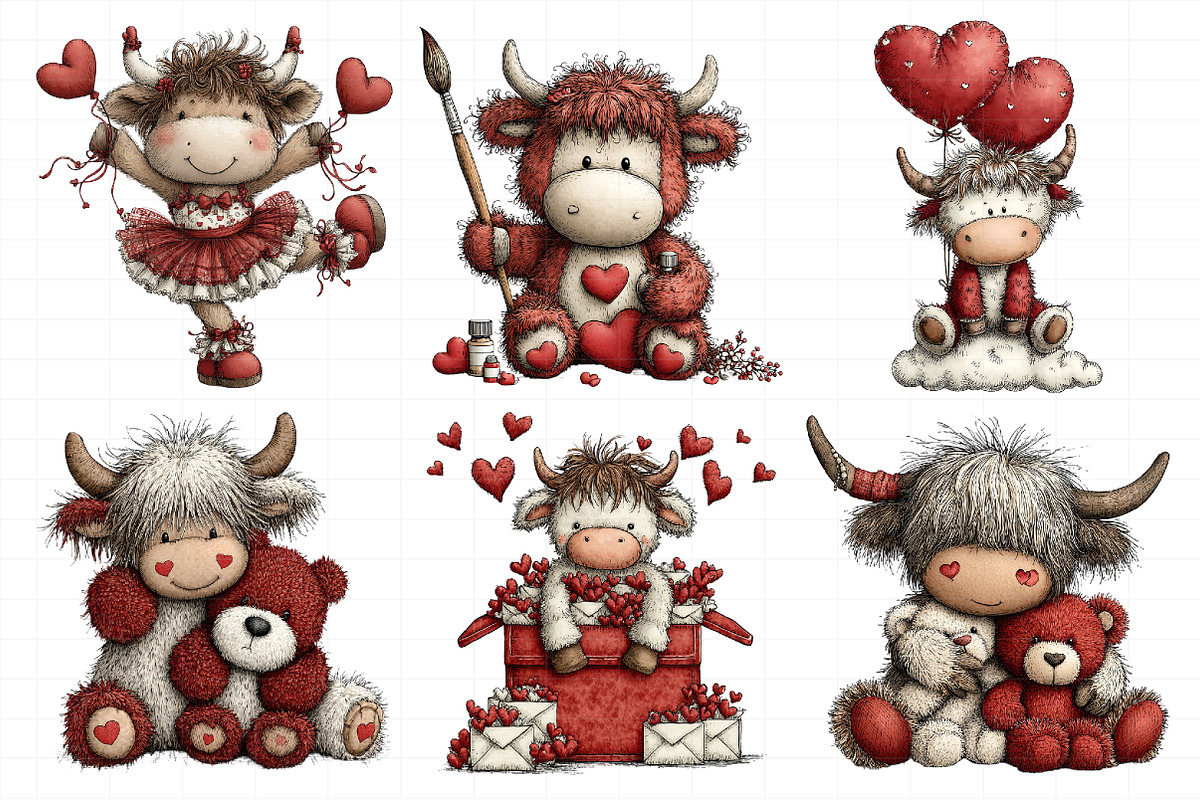 Whimsical Valentine-highland Cow Cli, an Illustration by Daily.Designs (Photo 5 of 8)