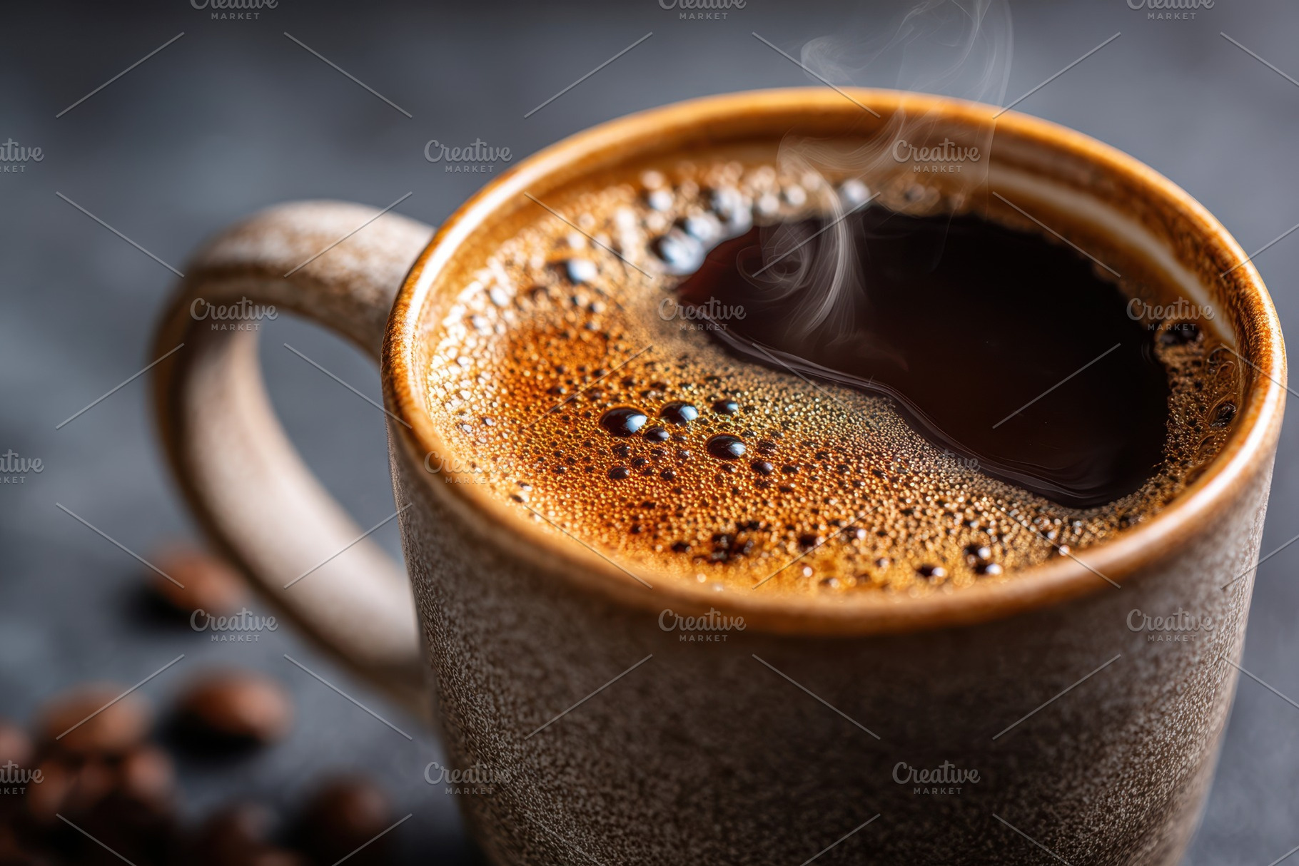 Steaming cup of black coffee in ceramic mug, a Food & Drink Photo by AlyaAnd