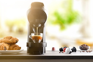 Preparing breakfast coffee with espresso machine in bright kitch, a Food & Drink Photo by Davizro's Market