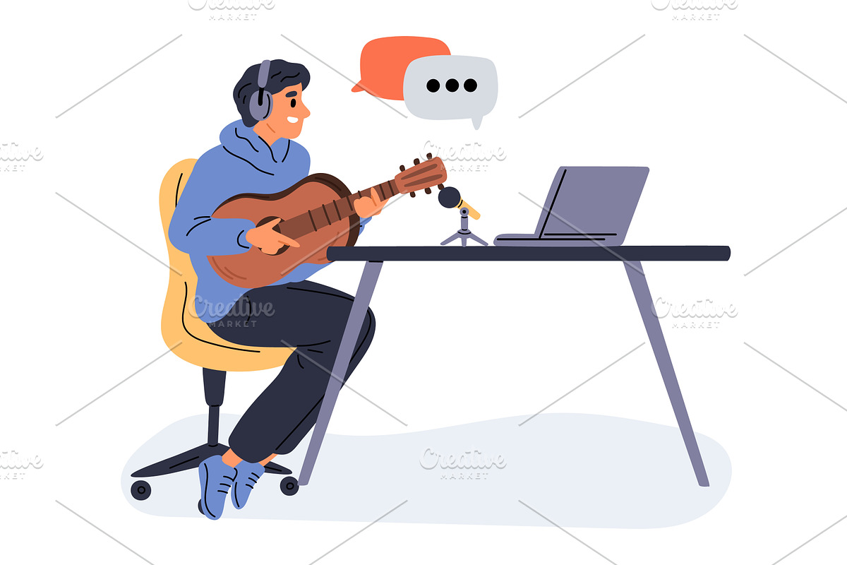 Guy sitting in chair playing guitar, an Education Illustration by Vectorbuum