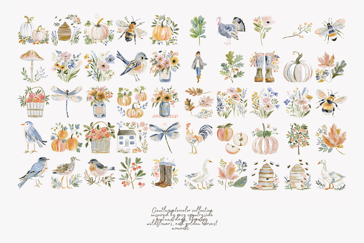 harvest meadow watercolor clipart, a Decorative Illustration by Patishop Art (Photo 9 of 10)