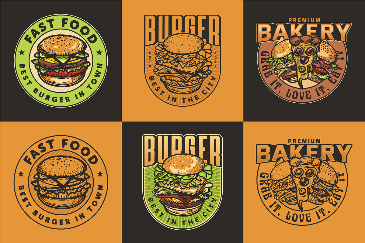 Fast Food Pizza, Burger logo set, a Branding & Logo Template by Billah Hub