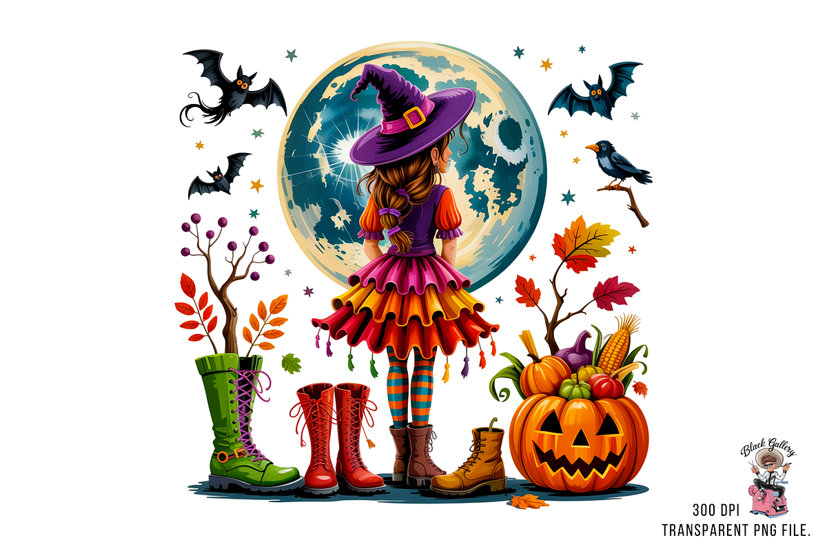 10 Colorful Autumn Witch PNG with Mo, an Illustration by Clipart Bloom (Photo 3 of 11)