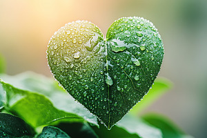 Raindrops on green leaves in shape of love heart in the morning, a Nature Photo by AlyaAnd