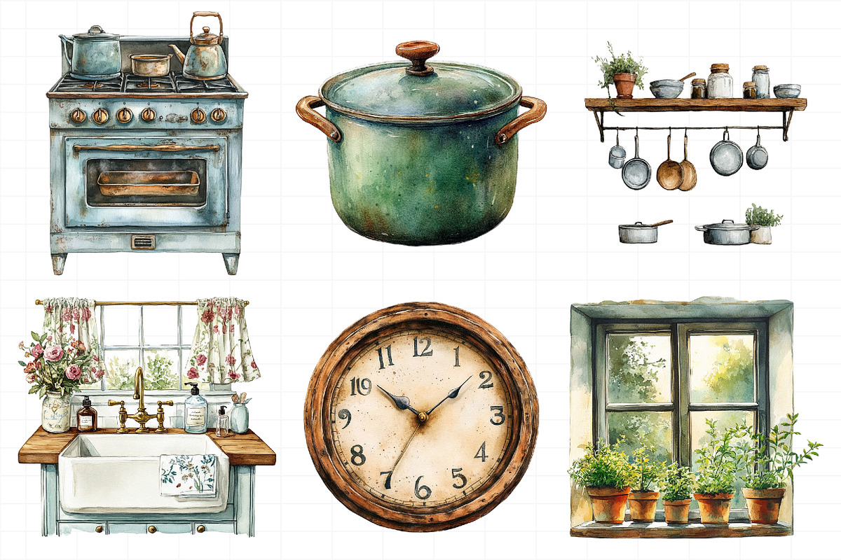 Watercolor Vintage Kitchen Clipart, an Illustration by Daily.Designs (Photo 5 of 7)