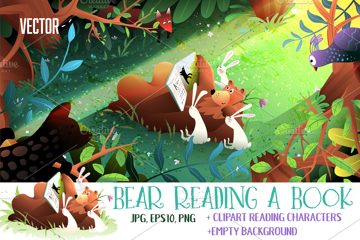 Bear and Bunny Read a Book in Forest, an Animal Illustration by Popmarleo Shop (Photo 1 of 3)