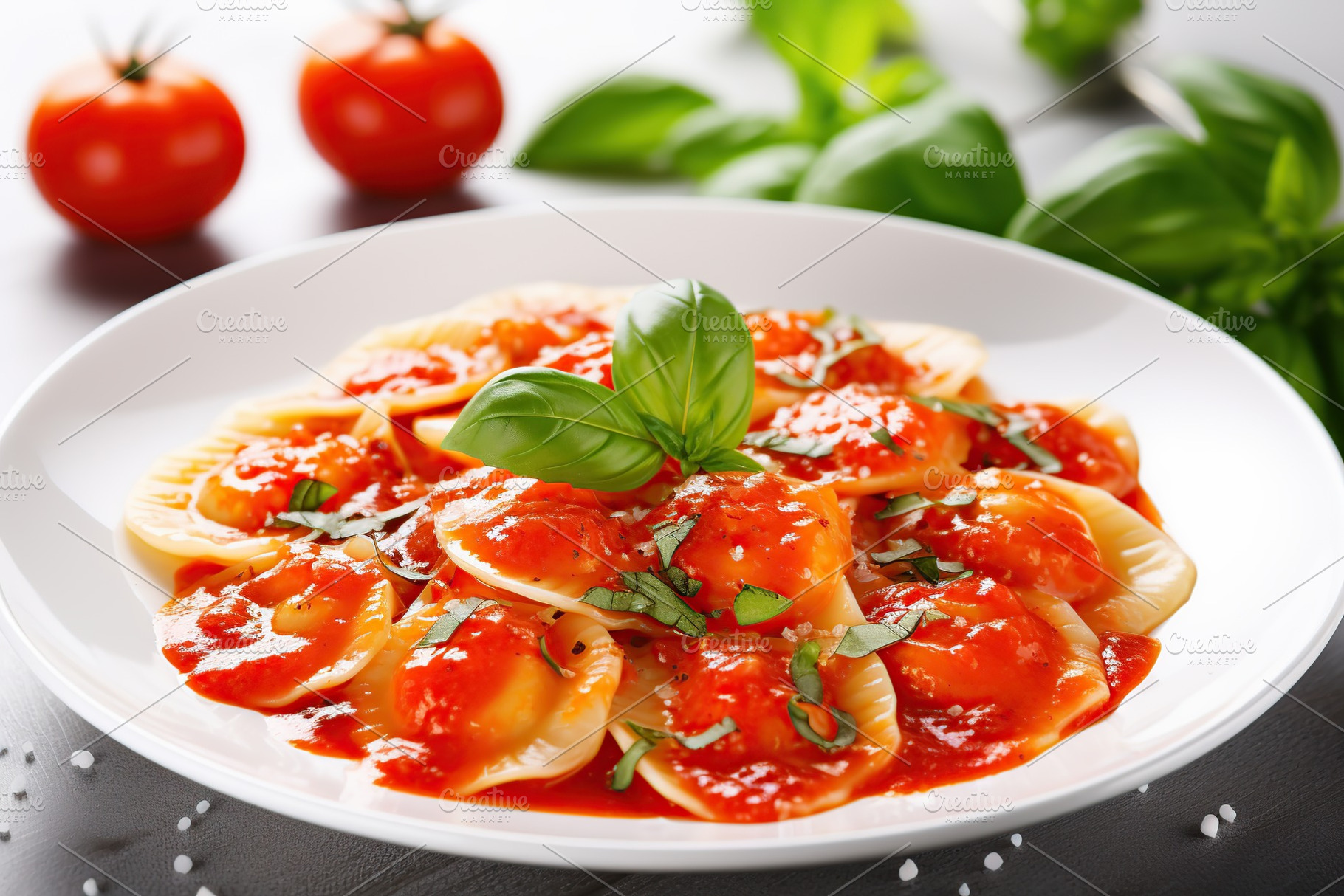 Italian ravioli pasta with tomato sauce on grey background, a Food & Drink Photo by AlyaAnd