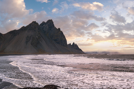 Sunrise Stokksnes cape sea beach and Vestrahorn Mountain with an, a Nature Photo by YuriyB