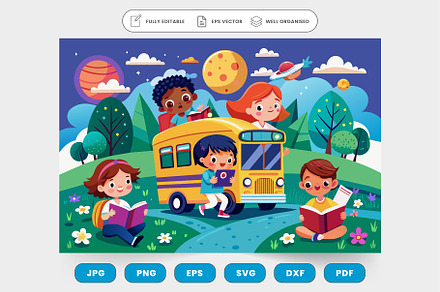 Children reading books on a school b