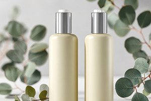 Pastel cosmetic bottles on marble with eucalyptus, a Beauty & Fashion Photo by AlyaAnd