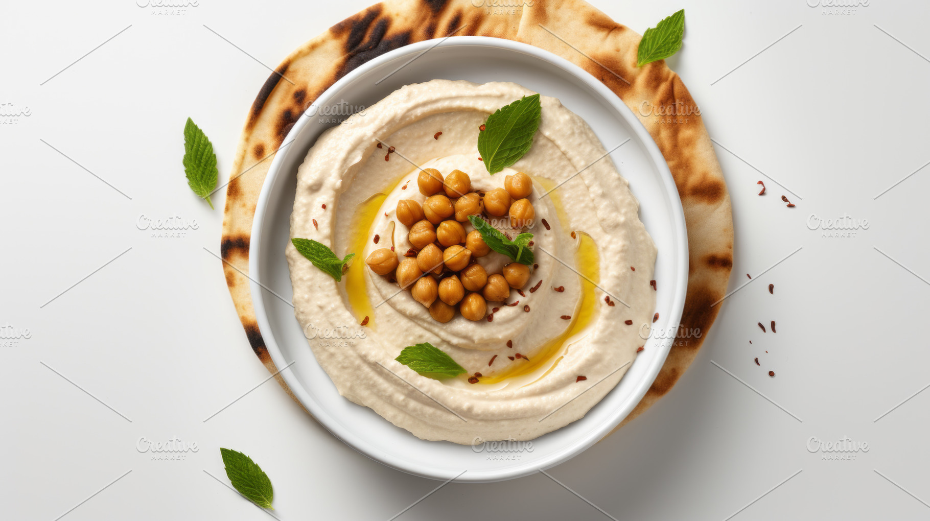 Classic hummus with herbs, olive oil in a vintage ceramic bowl flat lay, a Food & Drink Photo by Natalia Klenova's Shop