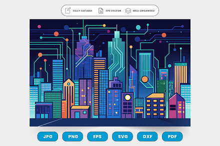A futuristic city skyline with tower