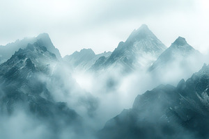 Ethereal blue mist enveloping rugged, a Photo by LOGOCREATIVE