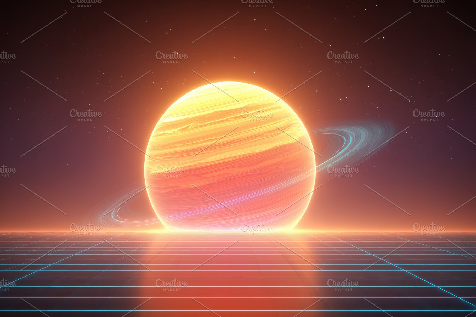 Glowing Planet with Rings in a Retro-Futuristic Landscape, an Abstract Photo by AlyaAnd