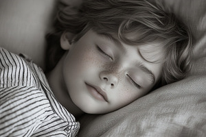 Young child peacefully sleeping on s, a Photo by Tanuart