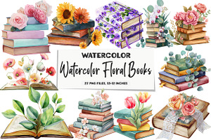 Watercolor Floral Books Clipart, an Illustration by DreamArtGraphic