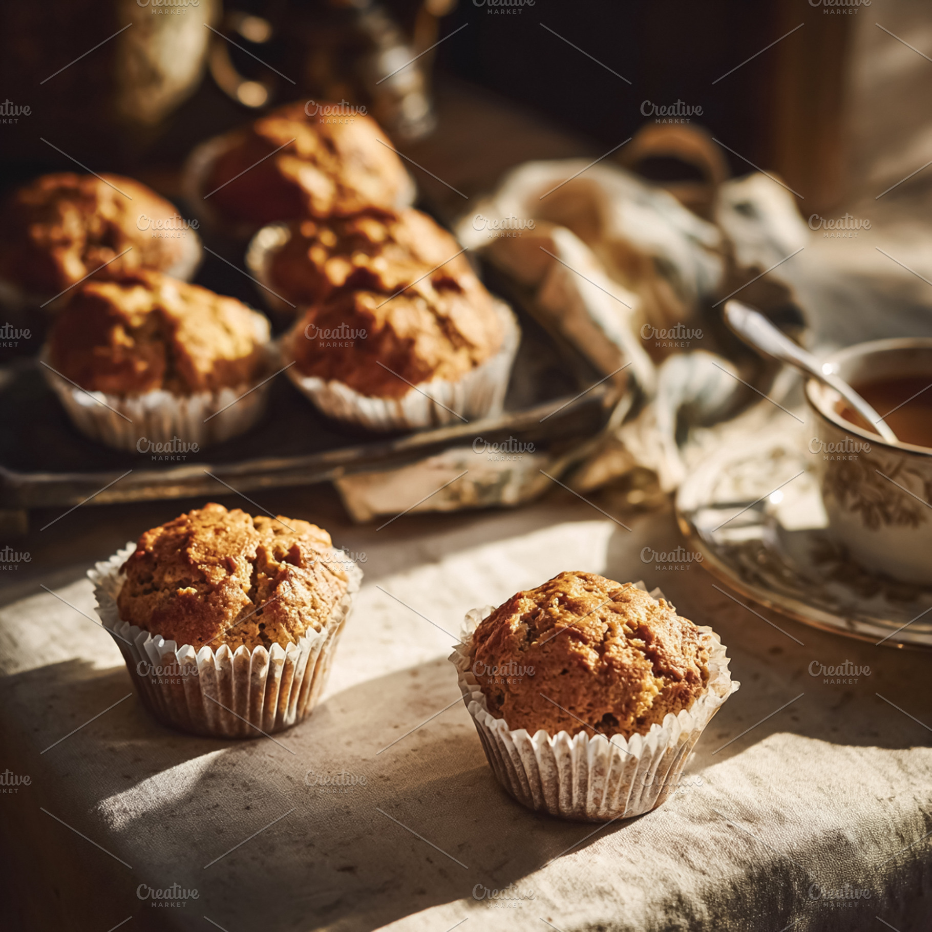 Freshly baked muffins on a light fabric table, warm sunlight ill, a Photo by Studio ANNA