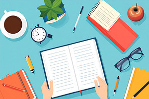 Person at a desk with various objects like notebook, post-it not, an Education Illustration by DanFLCreativo