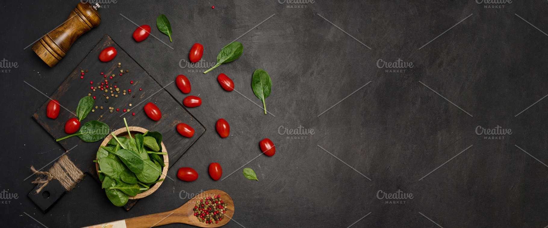 Fresh spinach leaves, cherry tomatoes, and mixed peppercorns on, a Food & Drink Photo by ndanko