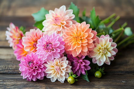 Vibrant pink, orange, and white dahlia bouquet arranged on a rustic wooden surf, a Nature Photo by AlyaAnd