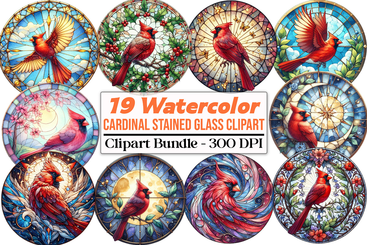 Round Cardinal Stained Glass Clipart, an Illustration by DreamCafeArt (Photo 1 of 5)