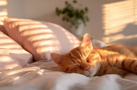 Cozy cat enjoying a peaceful nap with warm sunlight illuminating the bed, an Animal Photo by AlyaAnd