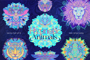 12 Hypnotic Animals. Vector Set.