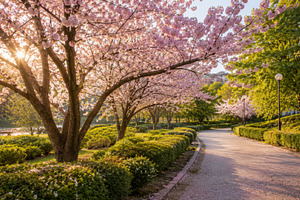 Cherry blossom trees line a path, a Photo by Beautiful things