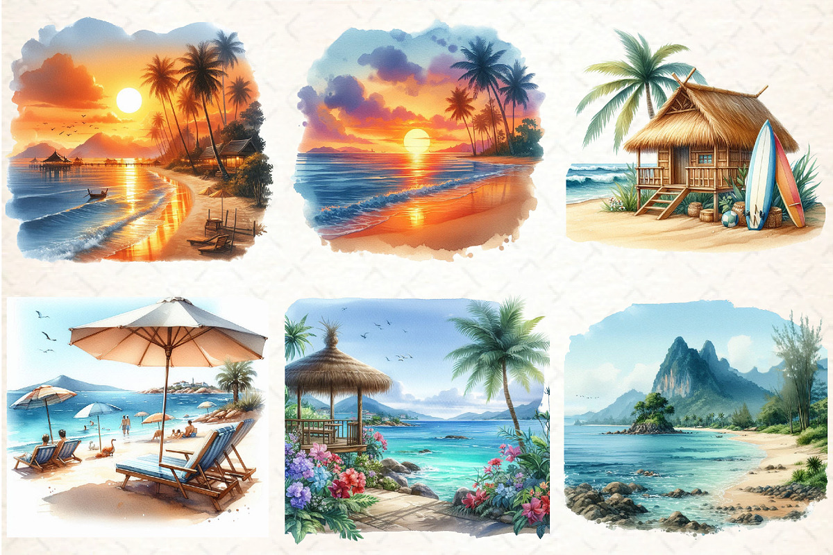 Watercolor Summer Beach Views PNG, an Illustration by DreamCafeArt (Photo 2 of 8)